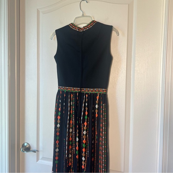 Vintage 70s Leslie Fay Maxi Dress Black Orange Green Circle Dot Geometric small - Picture 4 of 6